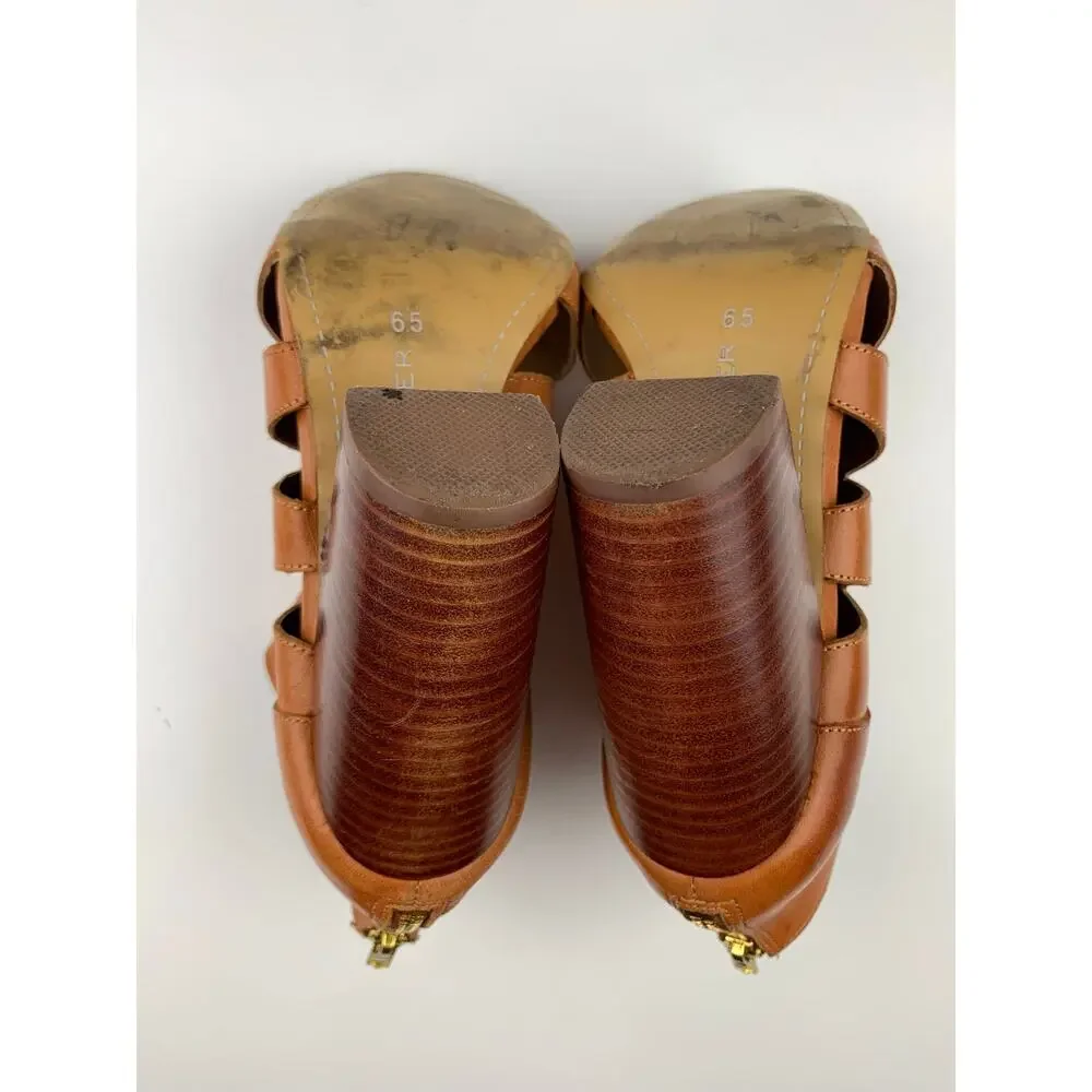 Kelsi Dagger Brooklyn KDB Peep Toe Ankle Boots Tan Leather Heels Women's 6.5